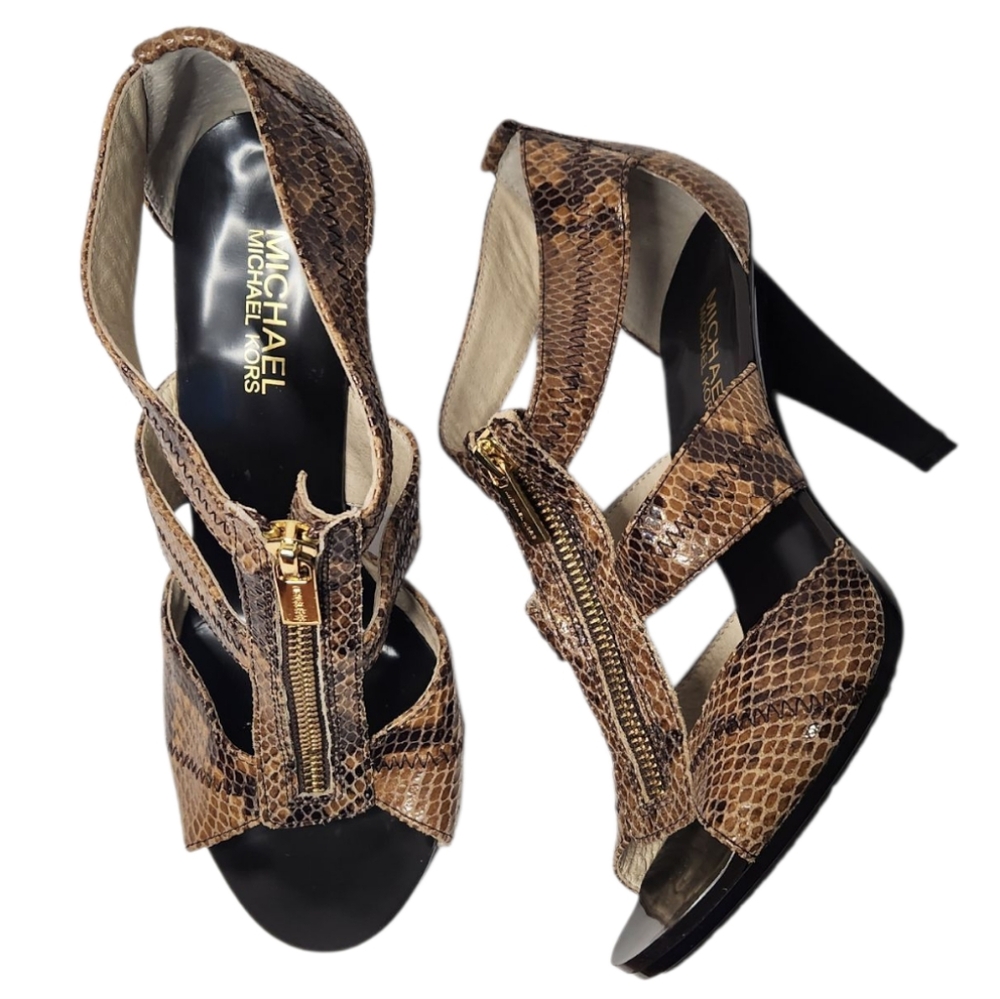 MICHAEL KORS Berkley T-strap High-heel Snake Embossed Leather Sandals